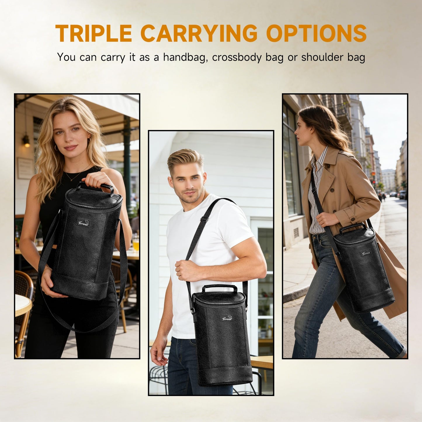 Tirrinia 2 Bottle Wine Carrier Bag, Insulated Wine Tote Cooler Bag with Shoulder Strap, for Travel, Picnic, BYOB & Christmas - Perfect Gift for Wine Lovers, Black