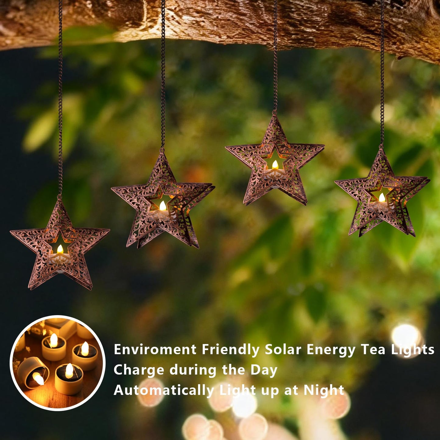 Hanging Solar Lights for Outside Trees, 4 Pack 6-Inch Hanging Star Lantern with Solar Tea Lights Outdoor Waterproof Chandelier, Patriotic Star Lights for 4th of July Decorations Porch Patio Pergolas