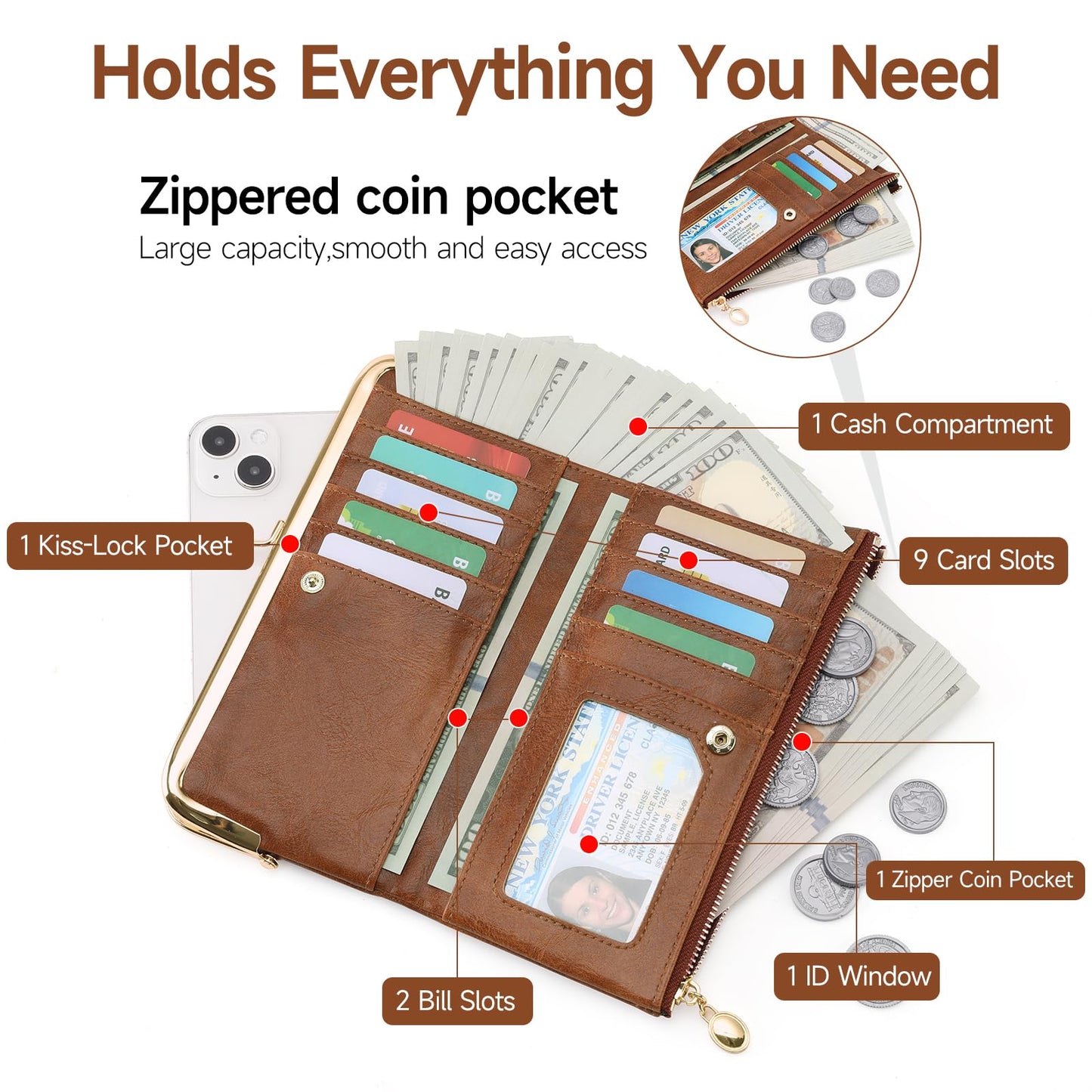 GOIACII Womens Wallet Ladies Vintage Billfold Compact Card Holder Long Zip Clutch Purse with Kiss Lock Brown