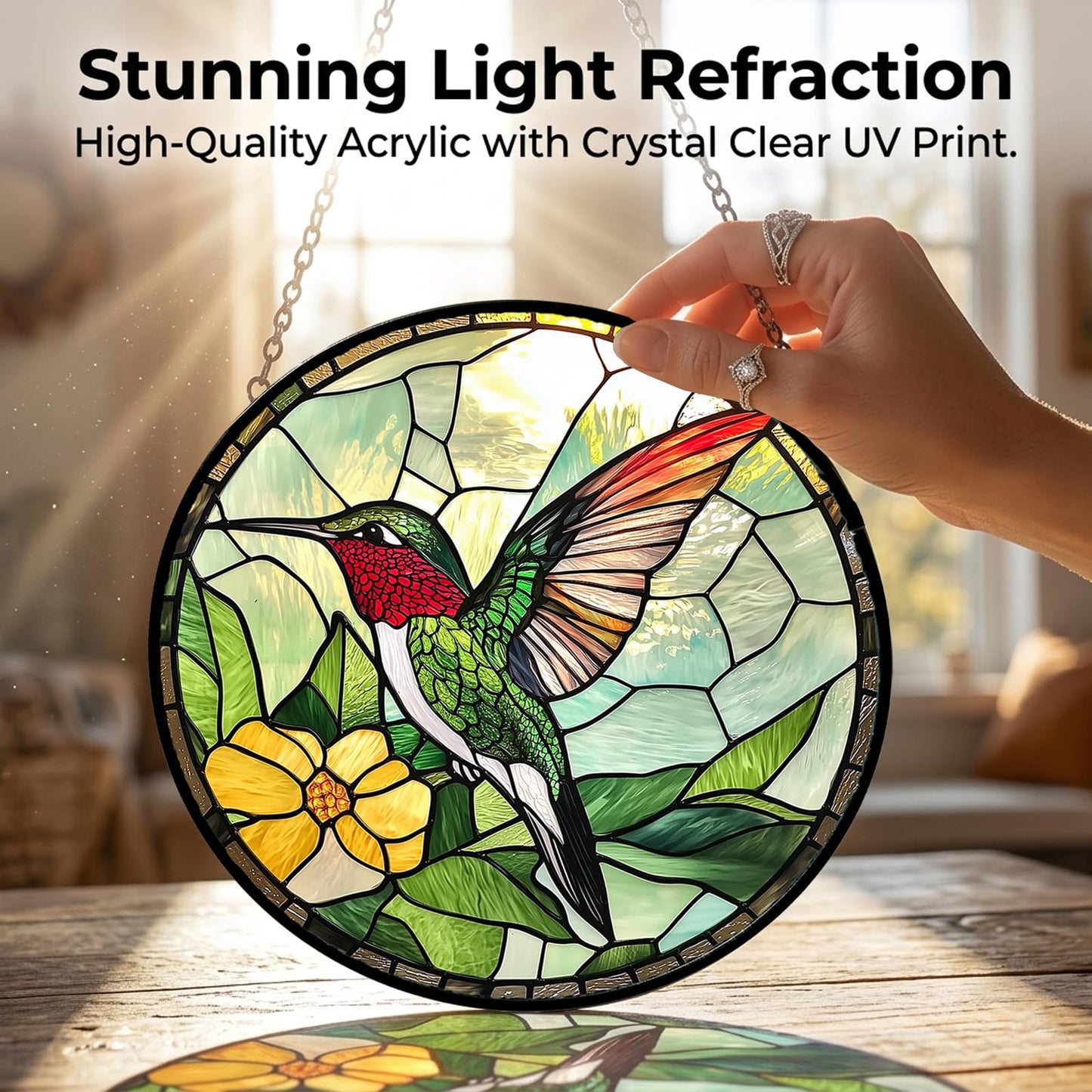 Hummingbird Gifts for Mom - Green Bird Faux Stained Glass Window Hanging Sun Catcher for Door Garden Acrylic Decor Mother's Day Birthday for Bird Lover Women Nana Men Grandma 7.8"