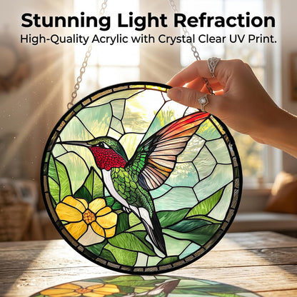 Hummingbird Gifts for Mom - Green Bird Faux Stained Glass Window Hanging Sun Catcher for Door Garden Acrylic Decor Mother's Day Birthday for Bird Lover Women Nana Men Grandma 7.8"