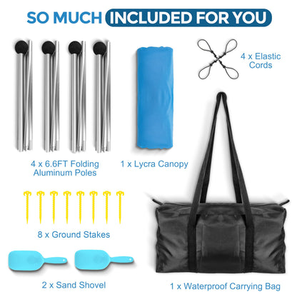 VIONMI Beach Canopy Beach Tent Pop Up Shade 10x10ft Sun Shelter UPF50+ with 8 Sandbags-2 Sand Shovel-4 Aluminum Poles-Ground Pegs-Portable Carrying Bag for Outdoor Family Camping Fishing Yard Picnic
