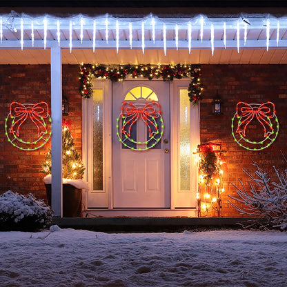 Christmas Wreath Window Silhouette Lights - 12.5" x 13.5" Bright LED Christmas Wreath with Bow, 8 Modes USB Powered / Battery Operated Window Lights for Wall Door Home Party Decor, Red and Green