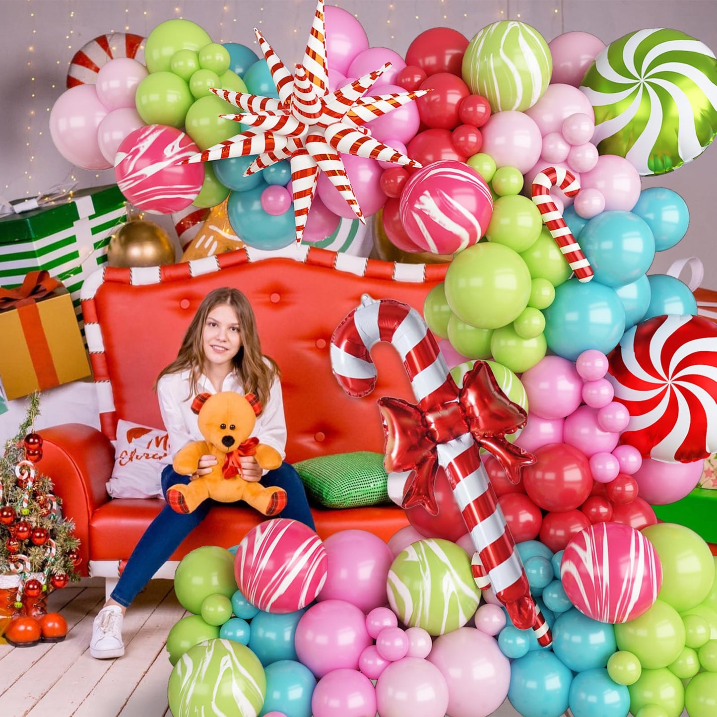 Christmas Balloon Garland Arch Kit, 121Pcs Pastel Green Pink Teal Blue Red Sand Tie Dye Balloons with Large Cane Candy Windmill Star Foil Balloon for Xmas Merry Christmas Party New Year Decorations