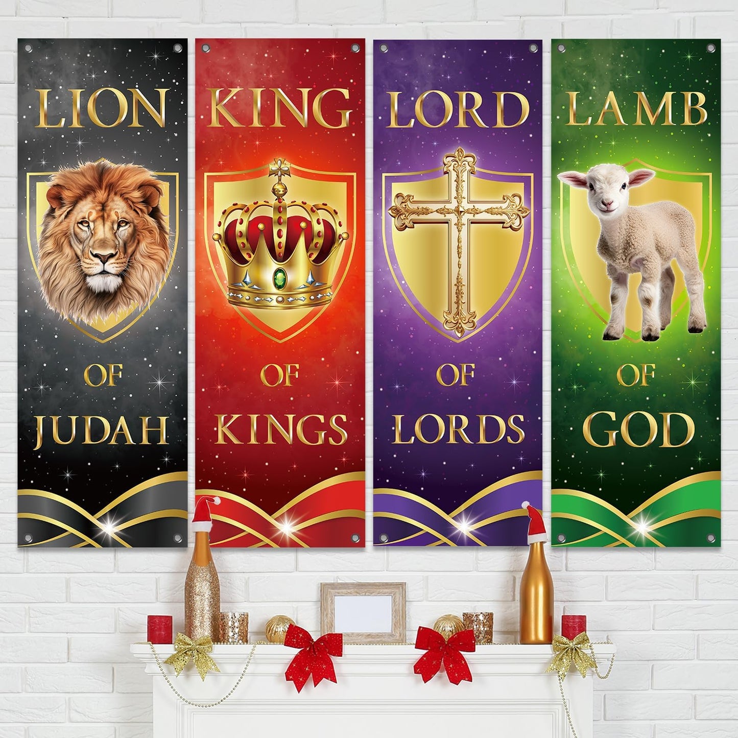 4Pcs Church Banners for Sanctuary Wall Welcome Religious Christmas Banners Hanging Backdrop Lion King Lord Lamb Church Banner Scripture Christmas Porch Signs for Holiday Church School Nativity Decor