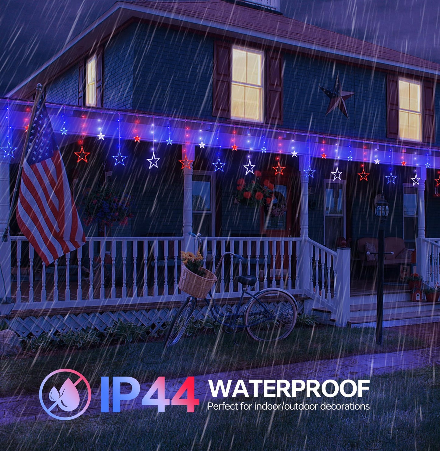 MYGOTO 4th of July Patriotic Star Icicle Lights,8.2ft 126LED red White and Blue Curtain String Waterproof, 8 Modes with Timer Connectable Independence Day Decorations Window Lights for Outdoor Indoor