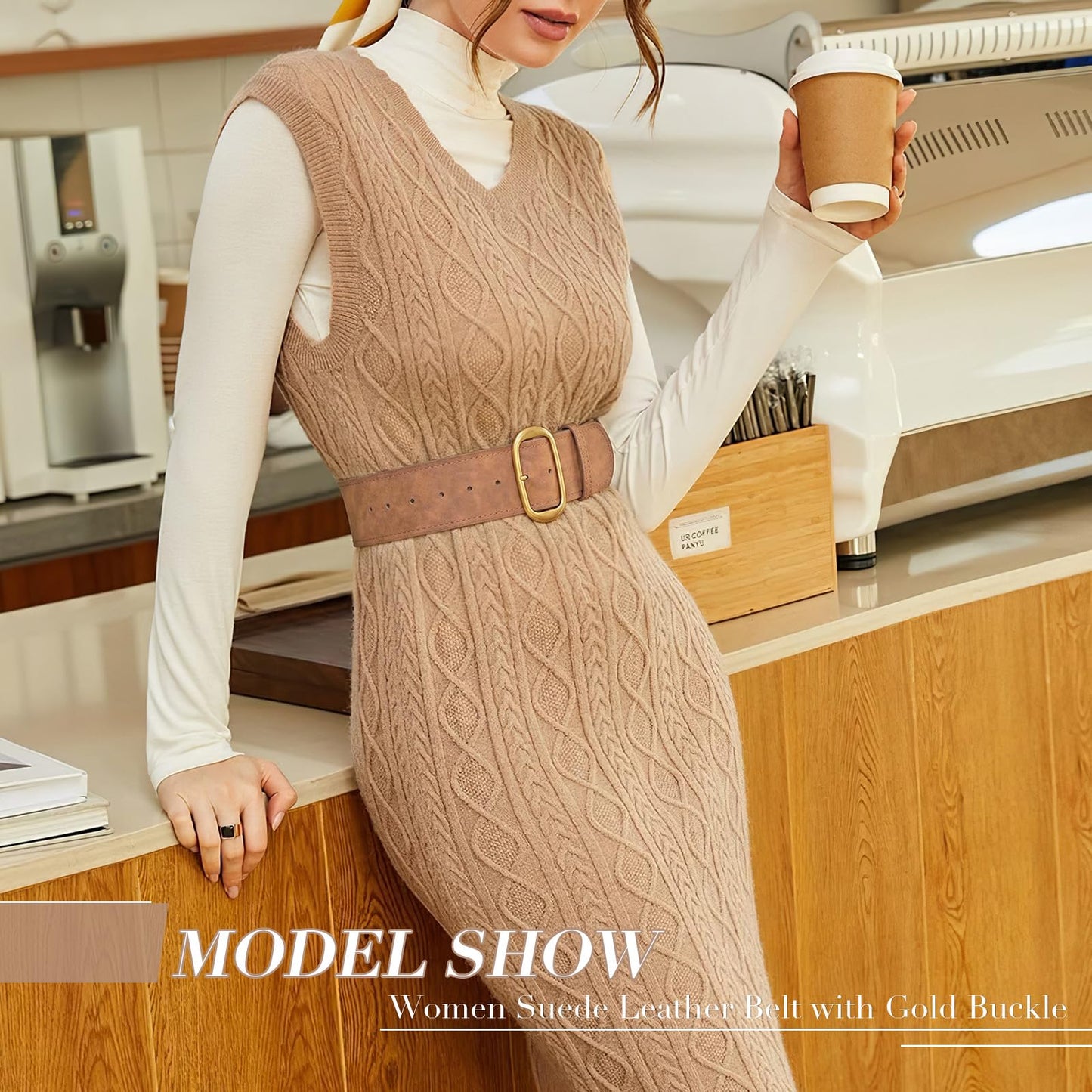 SUOSDEY Women Wide Waist Belt for Dresses Suede Chunky Belt with Gold Buckle Fashion Thick Waist Belt for Women Dresses