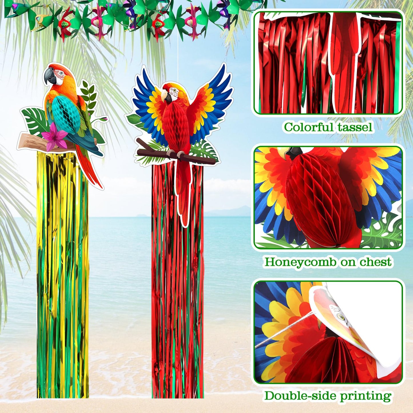 Gemscream 10 Pack 2026vbs Rainforest Tropical Birds Decorations Set Hawaiian Luau Party Supplies Includes 8 Pcs Tassel Hanging Swirls 2 Pcs 6.6ft Tropical Garland Decor for Beach Birds Birthday Party