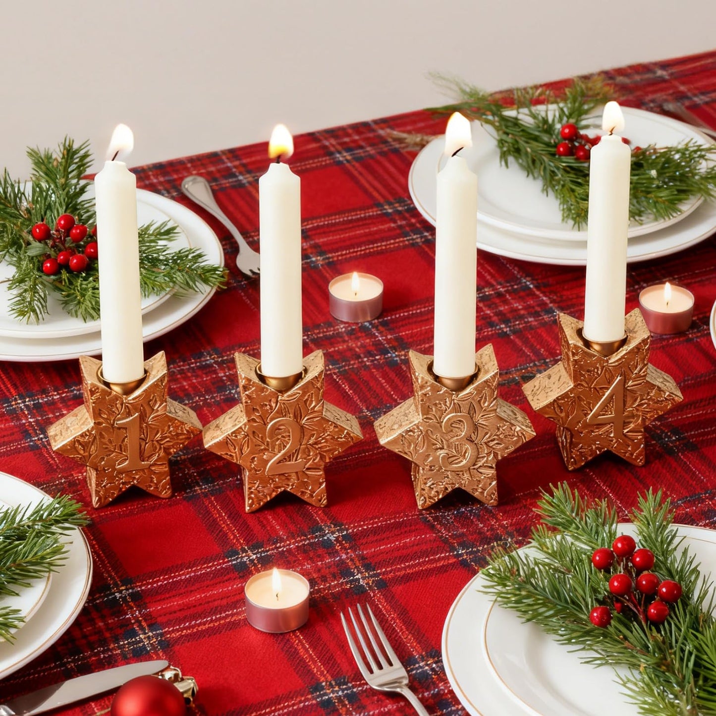 WDS WONDROUS Christmas Candle Holders Snowflake – Set of 4 Gold Star Candlestick Holder Hexagon, Taper Candle Holders for Christmas Table Centerpieces, Xmas Home Decor