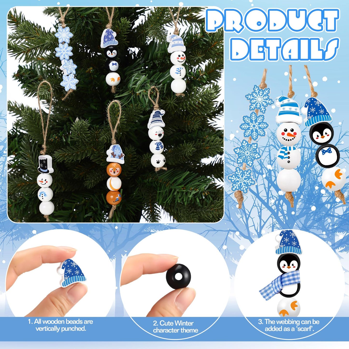 Cinnvoice 240 Pcs Summer Christmas in July Wood Beads with Twine Snowman Gingerbread Man Nutcracker Wooden Bead Garland DIY Crafts Round Beads for Xmas Party Decor(Classic Winter)