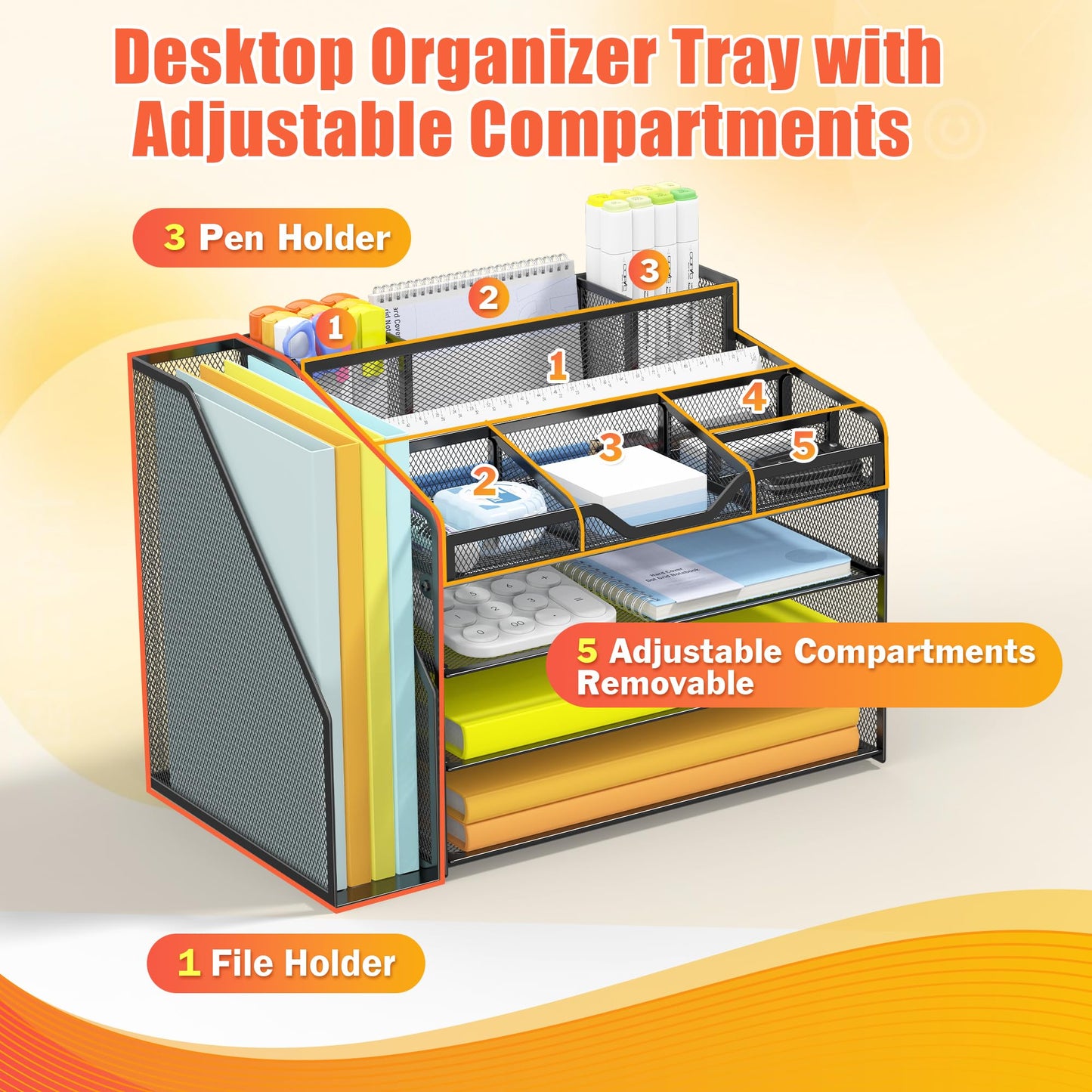 Docnest 4 Tier Mesh Desk Organizer with File Holder – Multi-Functional Paper Letter Tray with 5 Adjustable Compartments, 3 Pen Holders, Desktop Storage for Files, Mail, Stationery – Black