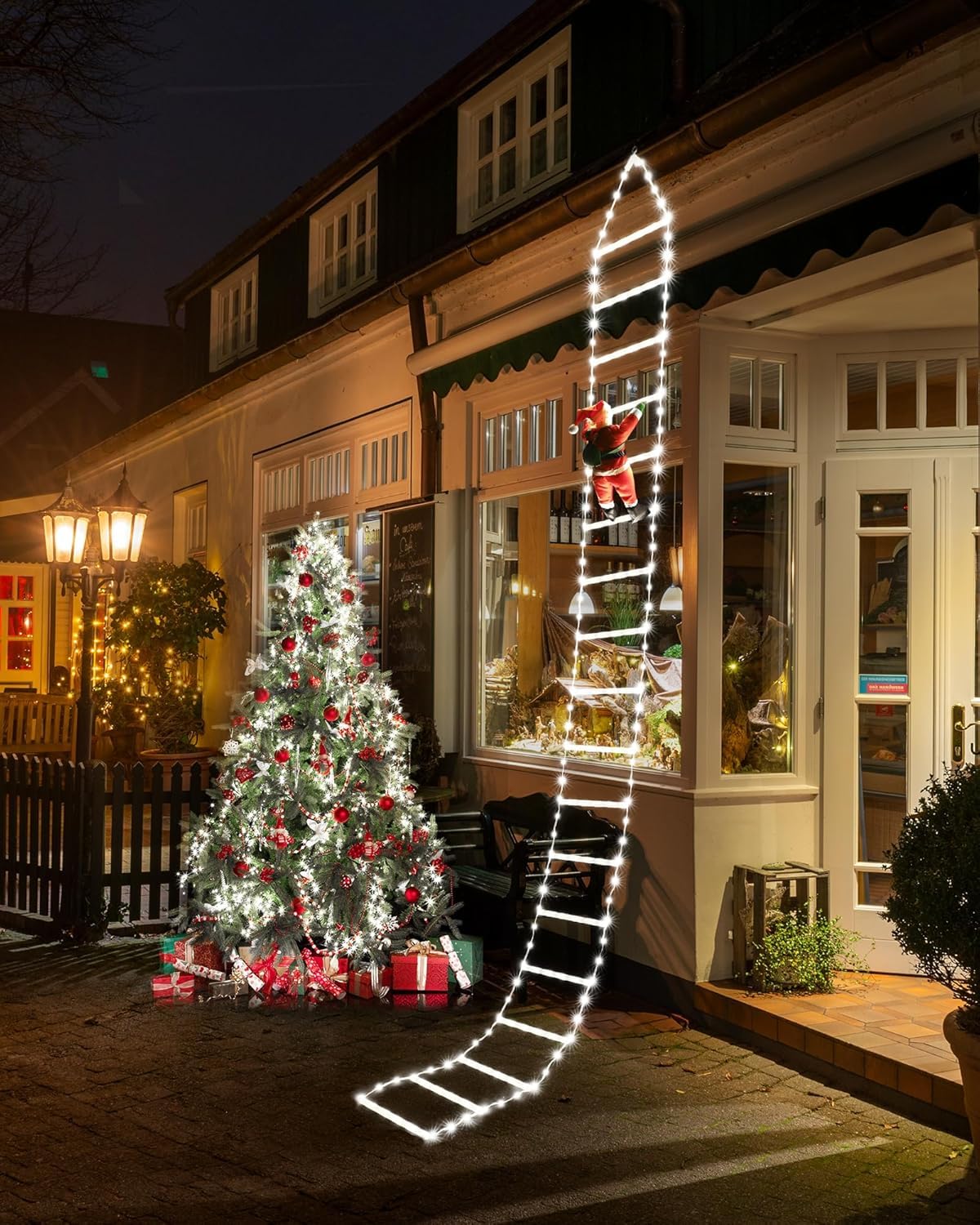 Christmas Decorations LED Ladder Lights with Climbing Santa Claus, 10ft Outdoor Christmas Decorative Light - 8 Modes Xmas Lights Tree for Home Holiday Wall Window Xmas Decor (Cool White)