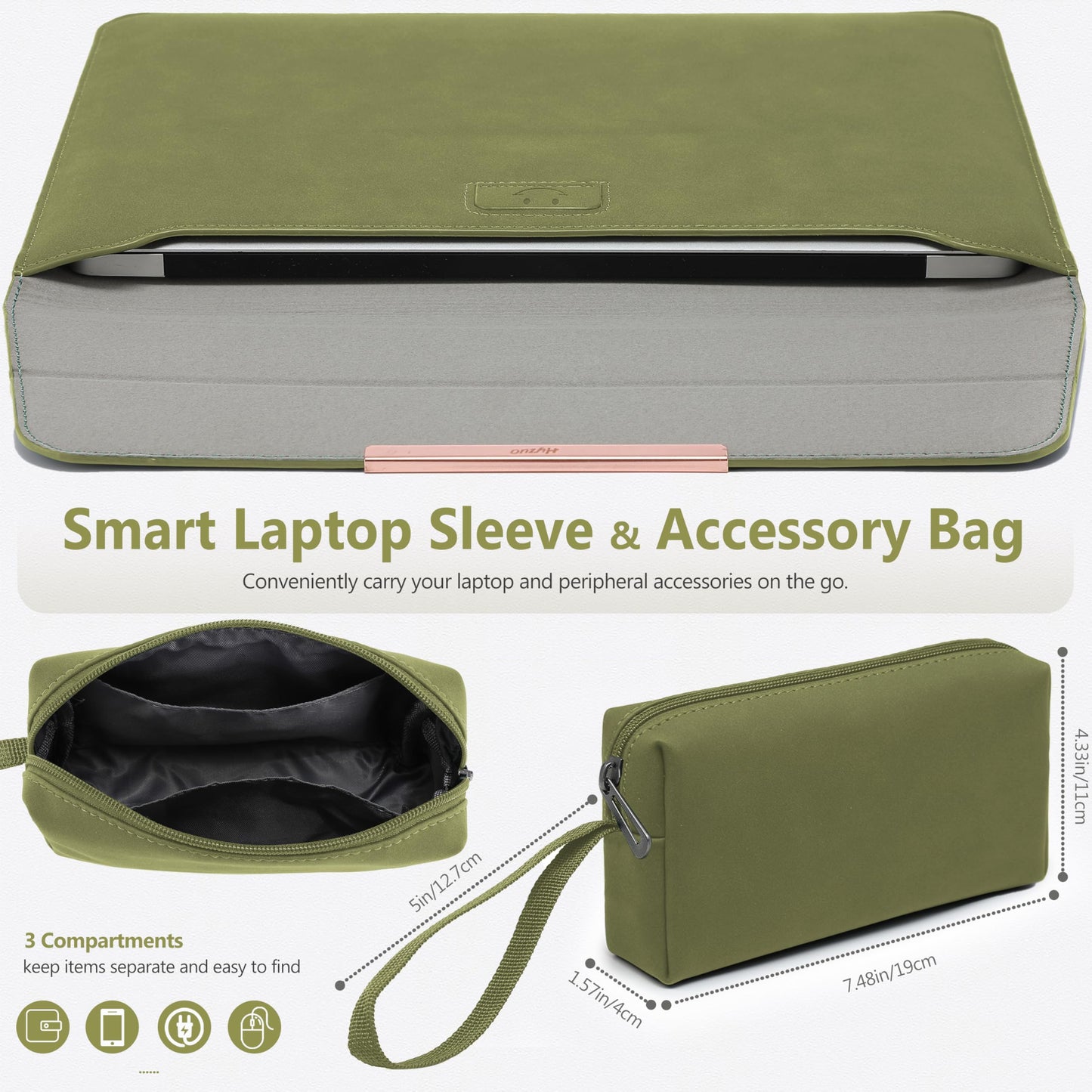 HYZUO 13.3-14 Inch Laptop Case Sleeve with Stand for MacBook Pro 14 M5/M4/M3/M2/M1 A3426 A3427 2026-2021, MacBook Air/Pro 13.3, 13.8-13.5 Surface Laptop, HP Spectre X360 13/14, Olive Green(Smiley)