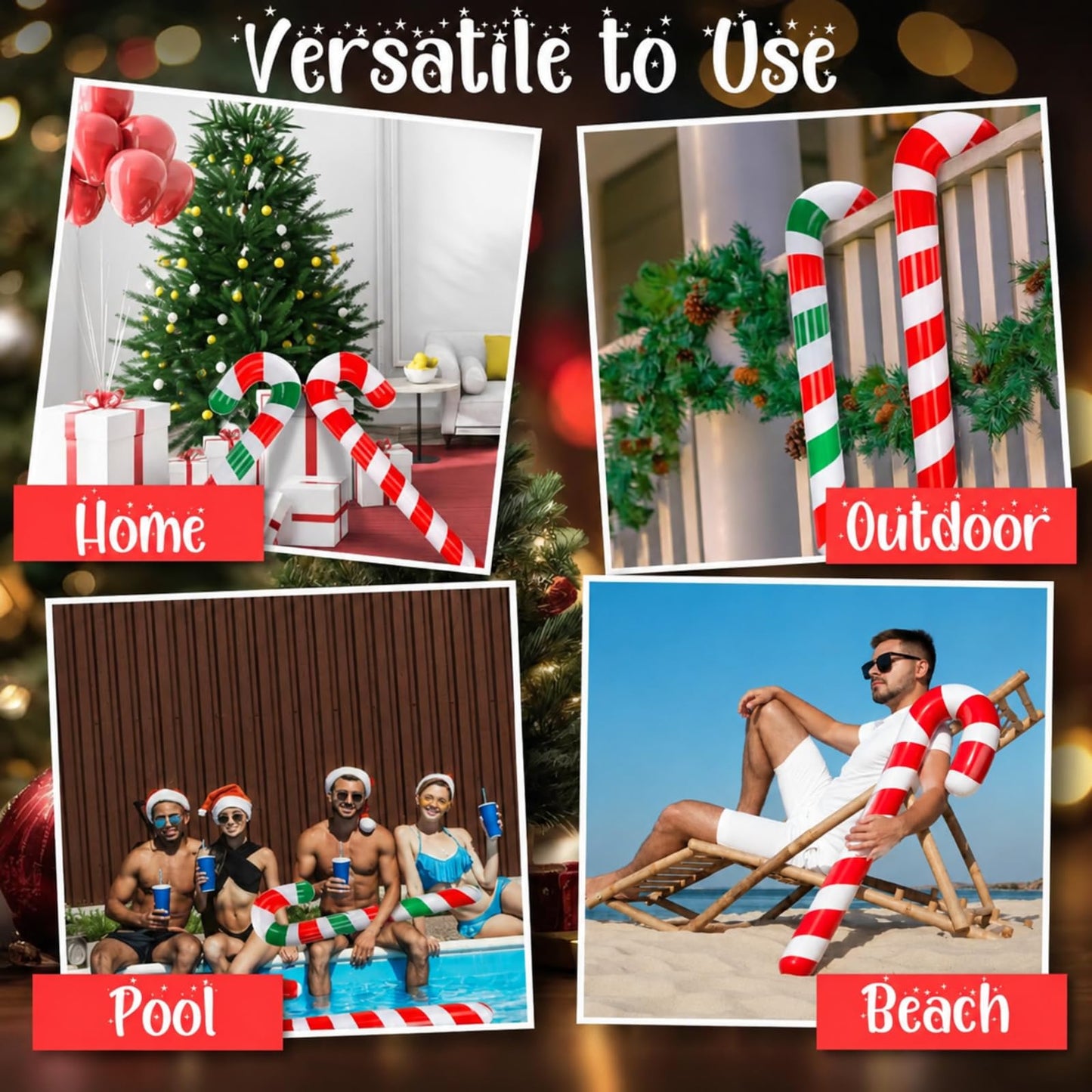 Rotatingpals 4 Pcs 54 Inch Christmas in July Inflatable Pool Noodle Floats Blow up Candy Cane Noodle Jumbo Candy Cane Swim Noodles for Xmas Holiday Yard Lawn Patio Garden Indoor Outdoor Decor Gifts