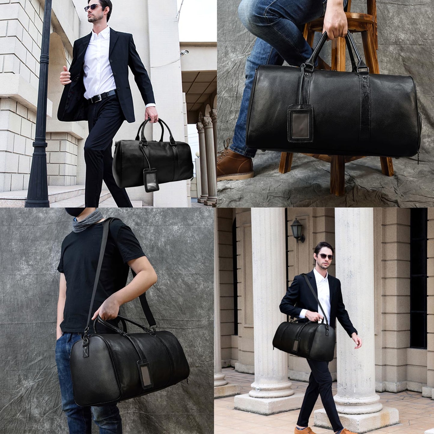 LUUFAN Leather Travel Bag Large Capacity Luggage Duffel Bag with Shoe Compartment, Men Women Weekend Shoulder Handbag for Holiday Business Trip (55cm-Black)