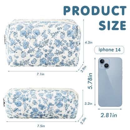 URSKYTOUS 2Pcs Floral Makeup Bag for Women Cotton Quilted Small Coquette Cosmetic Bag Cute Zipper Blue Flower Makeup Pouch Aesthetic Portable Pencil Case Travel Toiletry Bag Trendy Cloth Skincare Bag