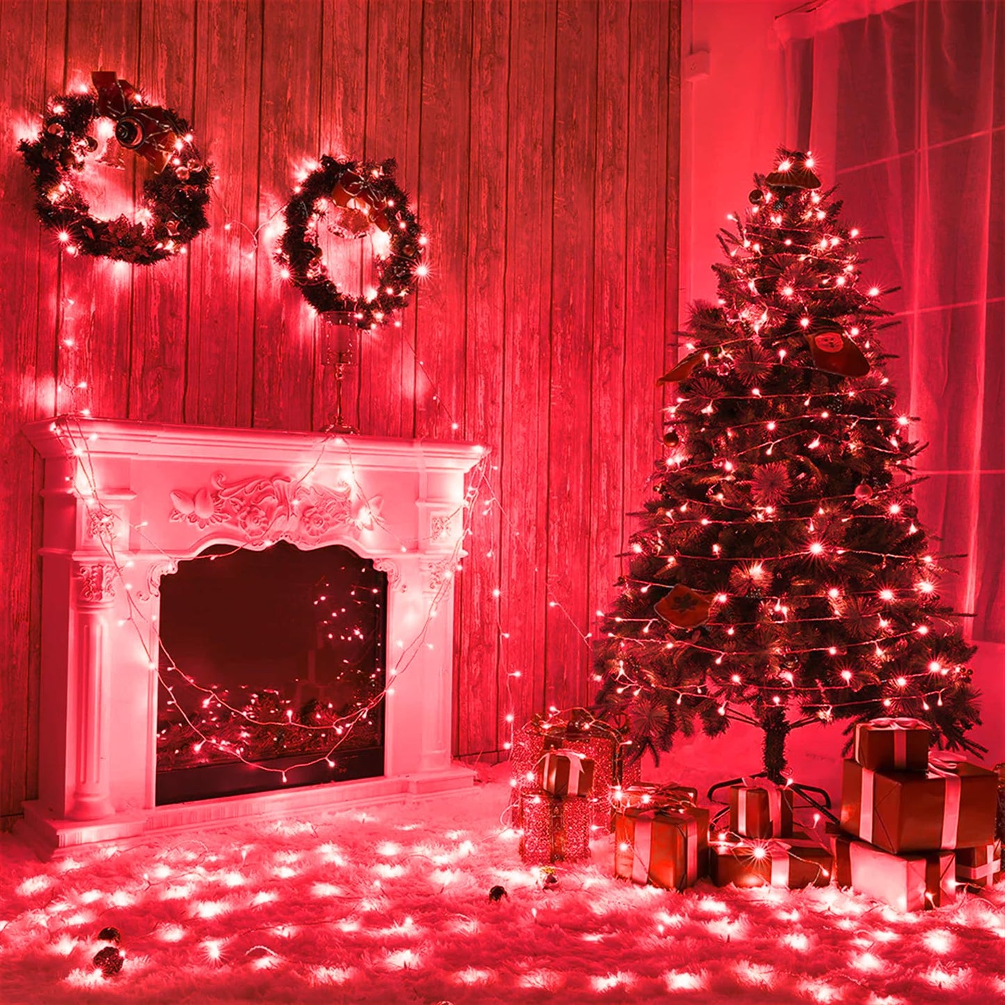 Vivideal 300 LED Red Christmas Lights 100ft String Lights Indoor 8 Modes Clear Wire Connectable Waterproof Plug in Red String Lights for Bedroom Indoor Outdoor Halloween Christmas Decorations