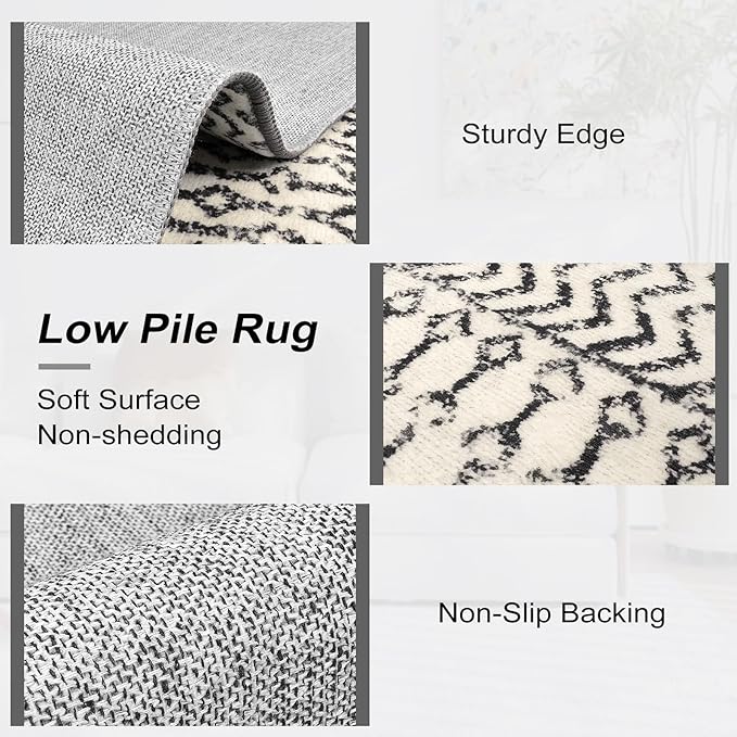 Geometric Moroccan 6x9 Rug, Ultra Soft Distressed Black Rug for Bedroom Non-Slip, Low-Pile Washable Living Room Rug Indoor Carpet for Bedroom Dining Room Classroom Dorm