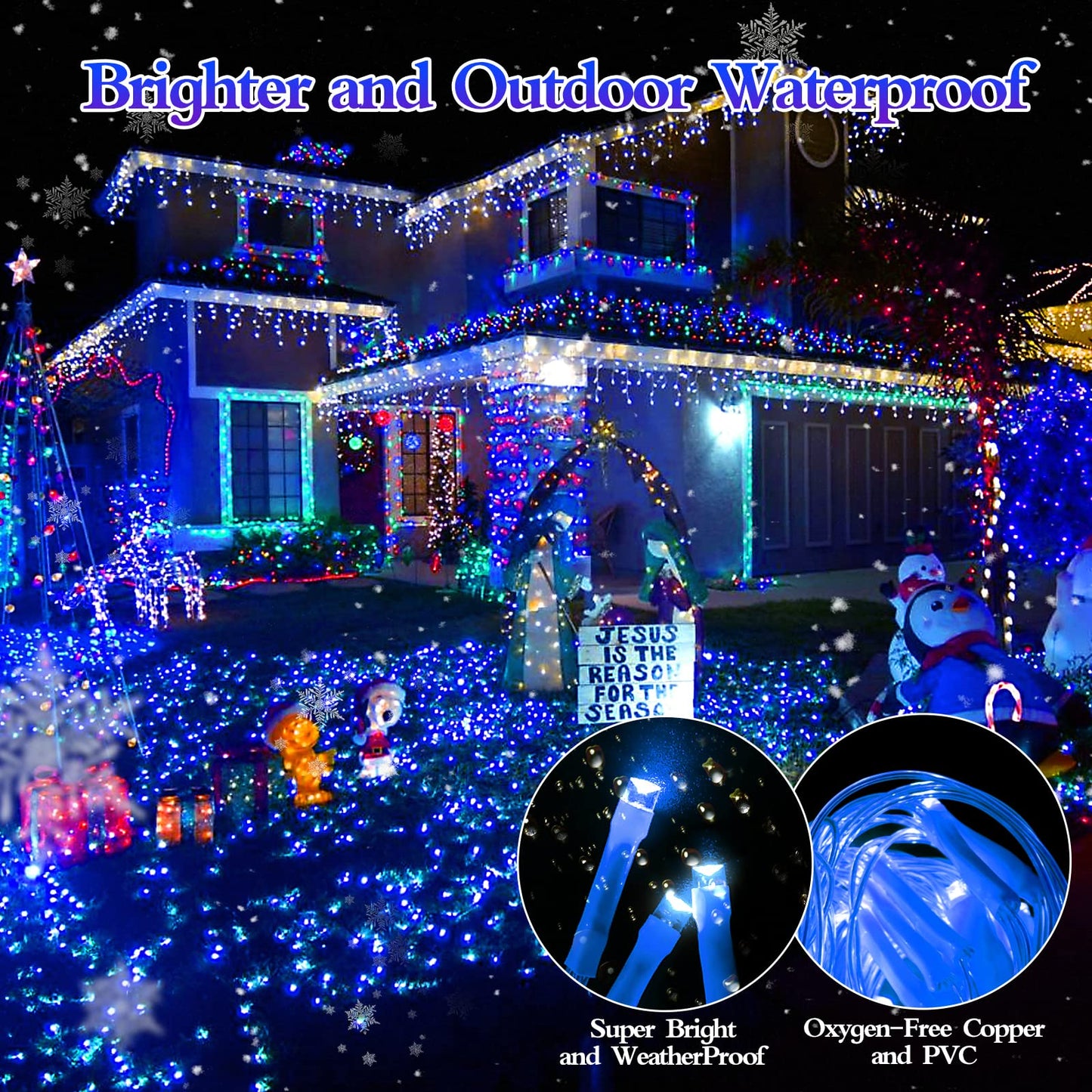 FLVOECN 480 LED 49FT Christmas Lights Plug in 8 Modes with Timer Dimmable Christmas Decorations Outdoor Waterproof Indoor Curtain String Lights for Roof Porch Garden Holiday Wedding Party Decor Blue