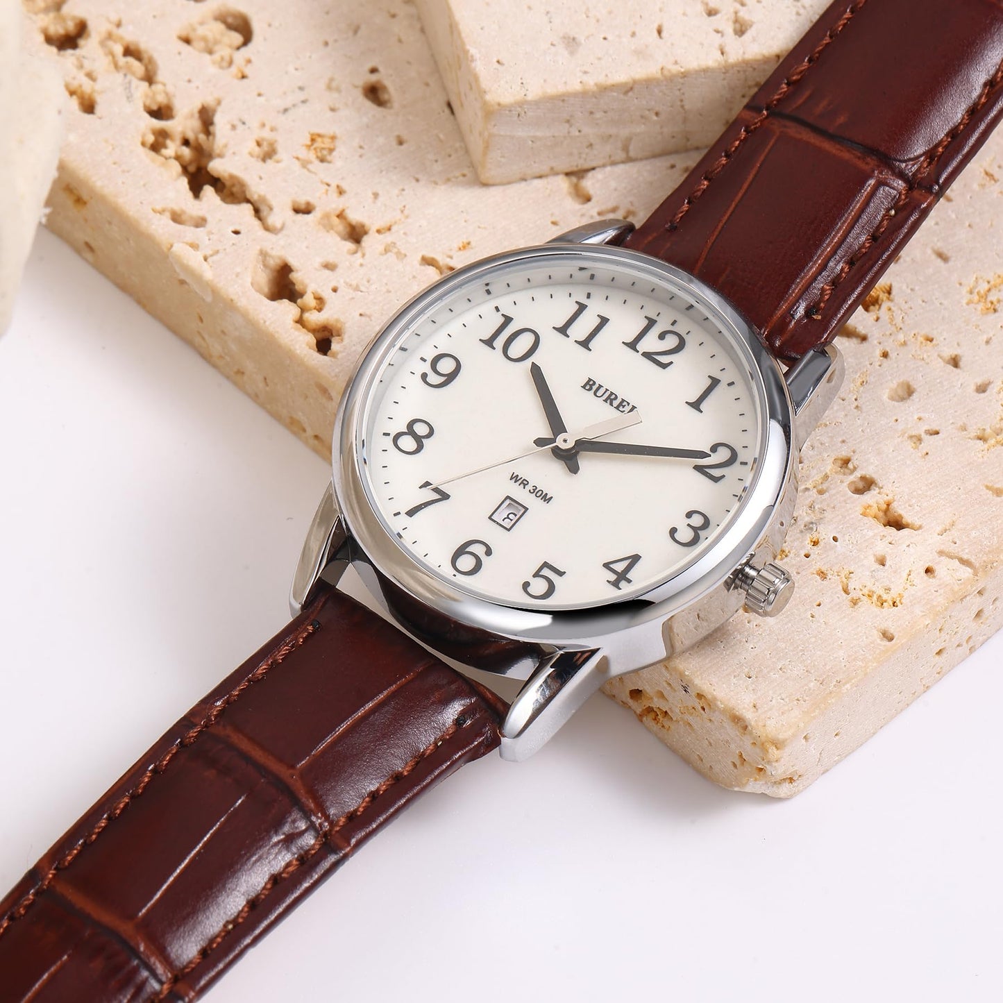 BUREI Women’s Watch 35mm Brown Minimalist Quartz Watch Soft Leather Strap Unisex Casual Dress Watch 3ATM Waterproof