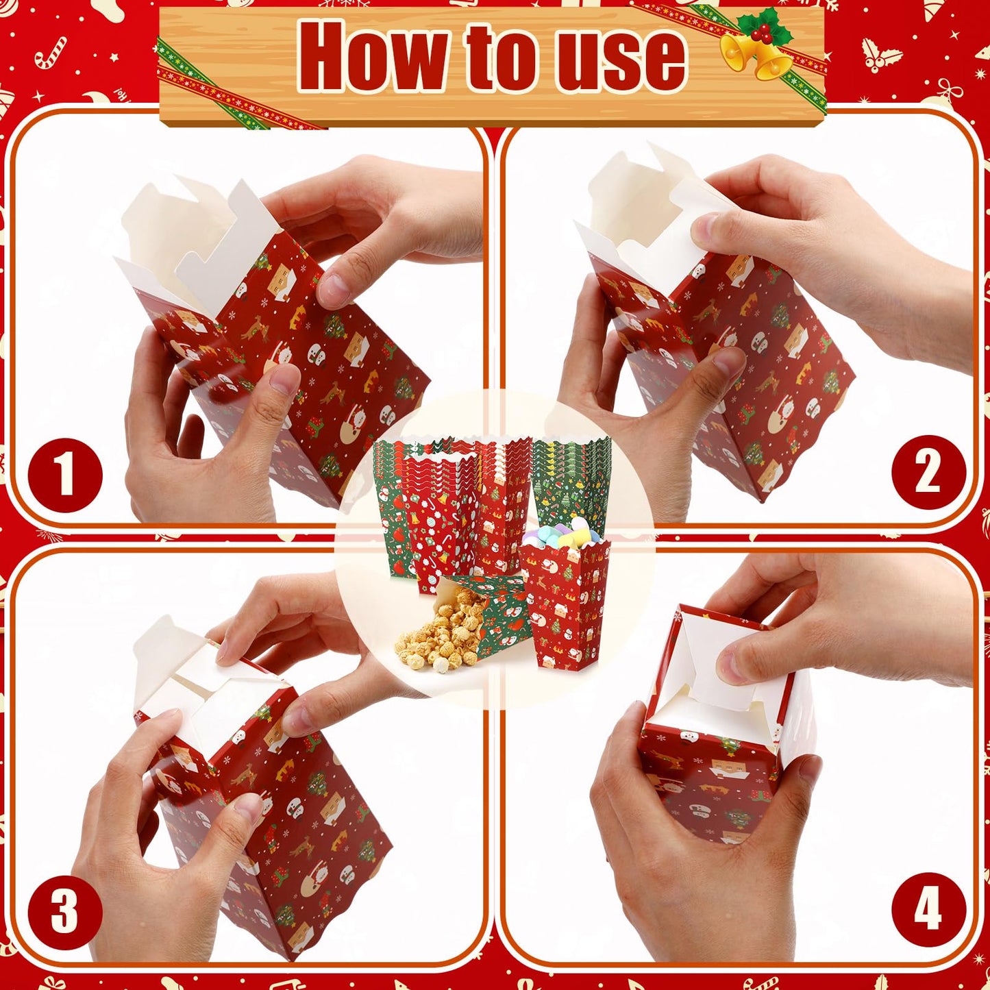 Faccito 48 Pcs Christmas Popcorn Boxes Christmas Tree Snowman Popcorn Boxes Xmas Party Treat Container Red Green Snack Buckets Mini Candy Paper Holder for Holiday Movie Night Party Favors Supplies
