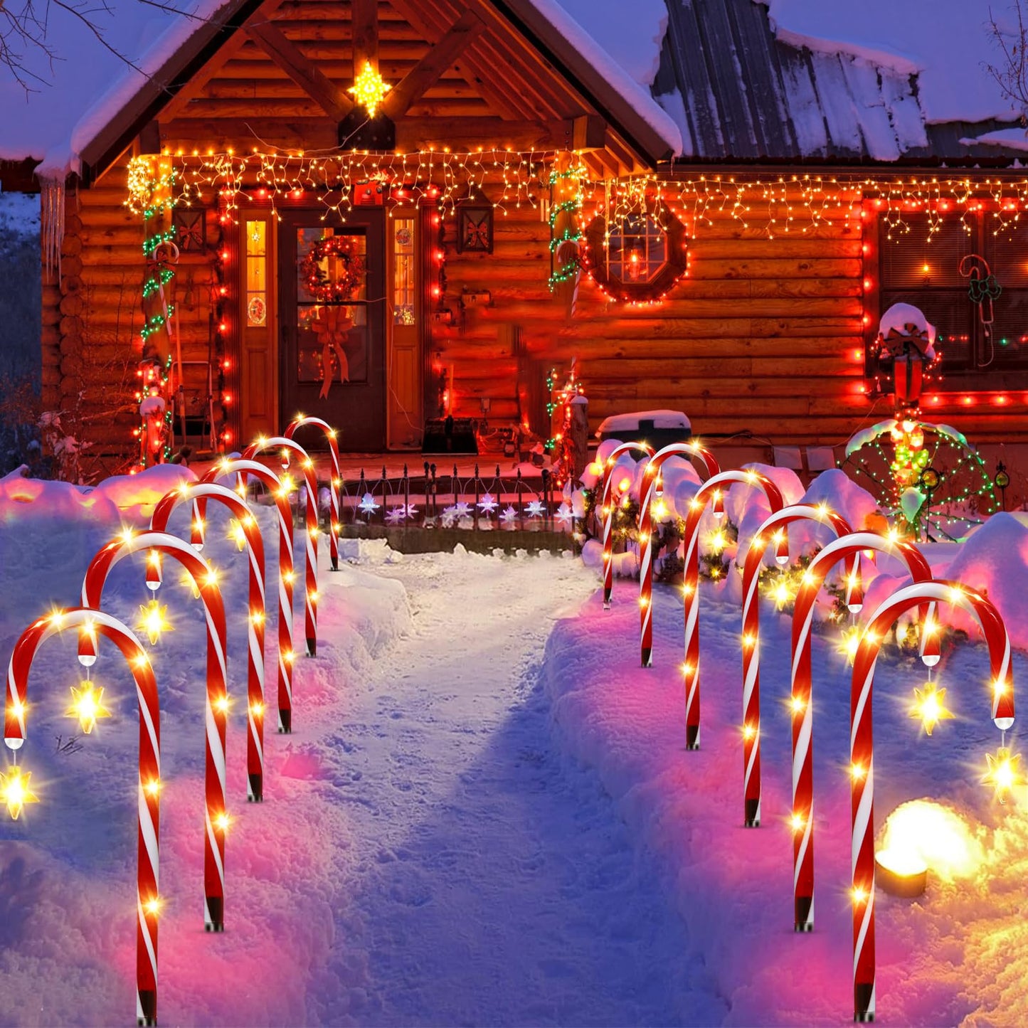 12 Pack Outdoor Christmas Decorations Solar Candy Cane Lights Solar Christmas Pathway Lights Outdoor Waterproof with Star & Bright LED 8 Modes Xmas Decorations for Outside Yard Garden