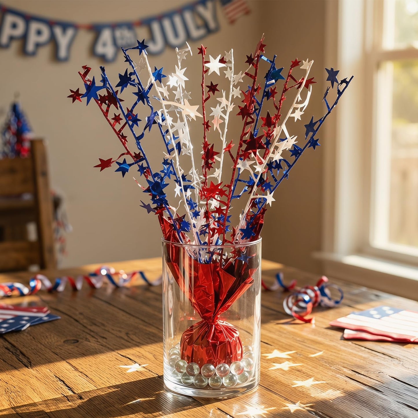 6pcs 4th of July Table Centerpiece Decoration Patriotic Metallic Foil Spray Star Burst Decoration for Independence Day 250th Anniversary Memorial Labor Veteran Day Red White Blue