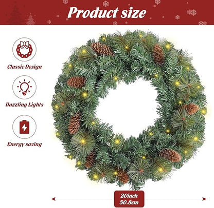 FR Artificial Pre-Lit Fir Christmas Wreath Holiday Accent Decoration, Wintry Pine, Decorated with Pine Cones, with LED Lights Battery Operated for Door, Mantel - 20 Inch