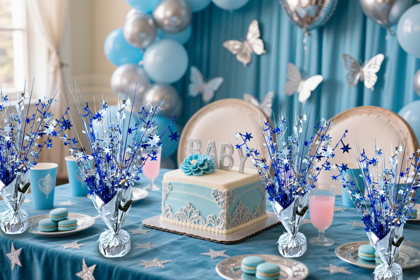 FUBININA 6 Pack Metallic Foil Spray Centerpiece Star Table Decoration Burst Table Centerpieces for Birthday Wedding Anniversary Graduation Holiday Party Supplies Decor, Silver Blue