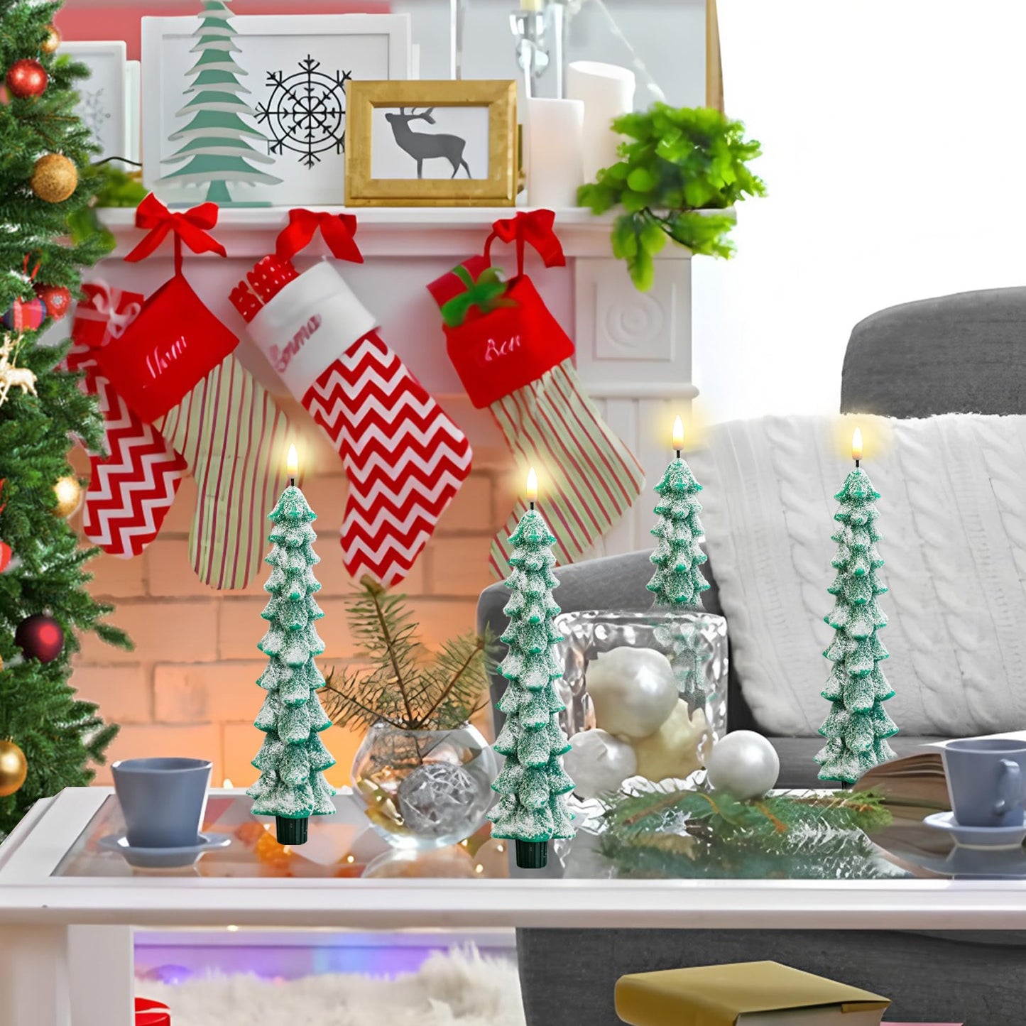 4 PCS Christmas Tree Candles with Remote Timer 10 Inch LED Flameless Taper Candles Wax Battery Operated Candlesticks Green Window Candle with 3D Wick Flickering for Xmas Holiday Gifts Party Home Decor