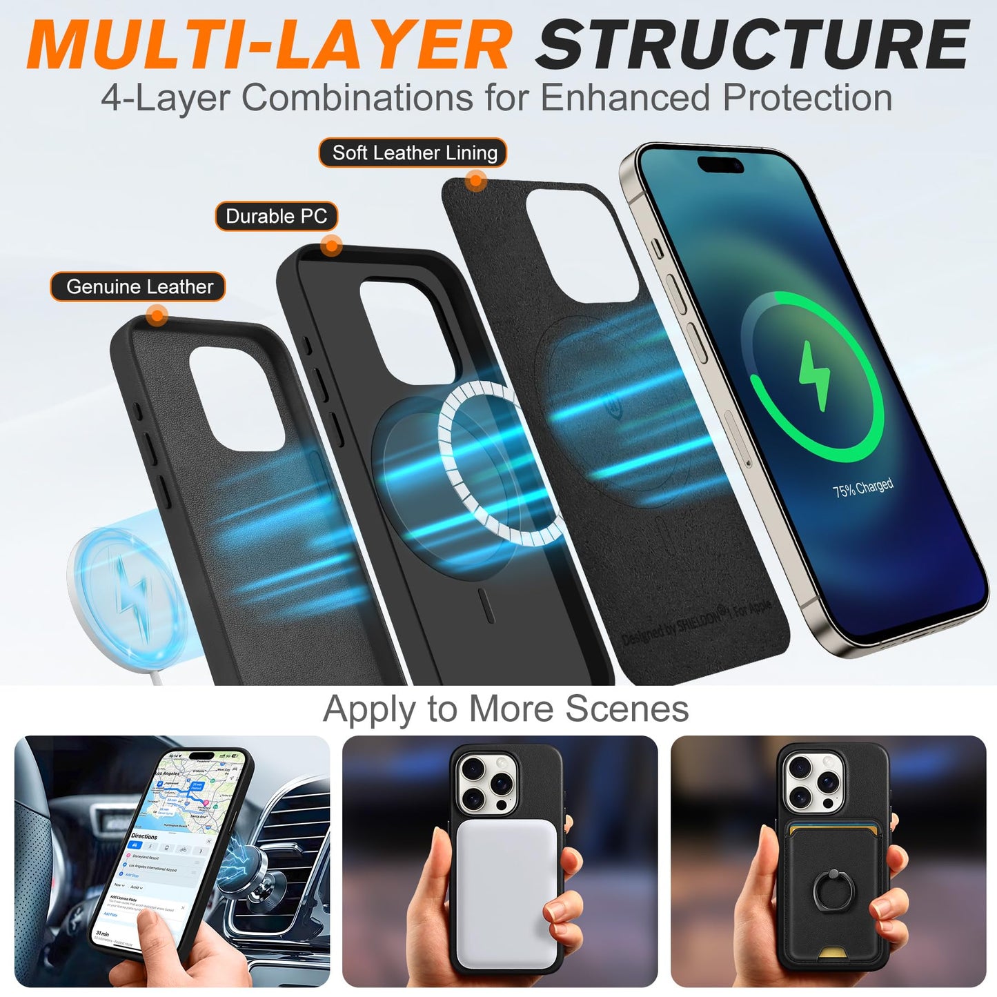 SHIELDON Genuine Leather Case for iPhone 15 Pro 6.1", Magnetic Wireless Charging - Slim Fit - Non-Slip - Metal Buttons - Shockproof Protective Phone Case Compatible with iPhone 15 Pro 2023 - Black