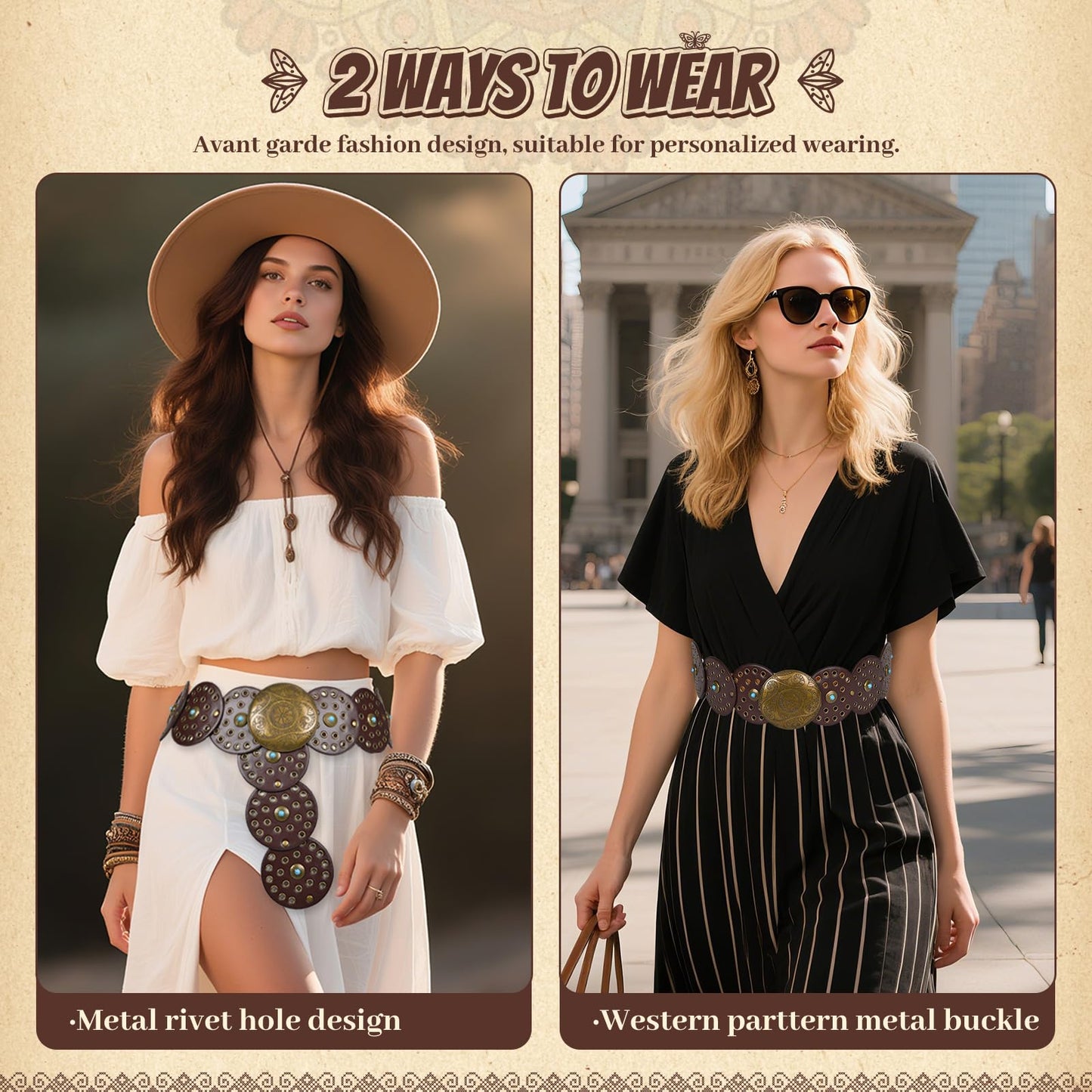 QILVYTH Western Leather Belts for Woman Boho Cowgirl Wide Disc Belt for Women Concho Cowboy Waist Belts for Dress Chocolate-bronze 48'' (fits waist size up to 45'')