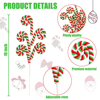 Sggvecsy 6 Pcs Christmas Tree Decoration Woolen Bells Candy Cane Shape Picks Lollipop Curly Pick Ornaments Xmas Tree Topper for Party Vase Filler Home Office Decor (Green)