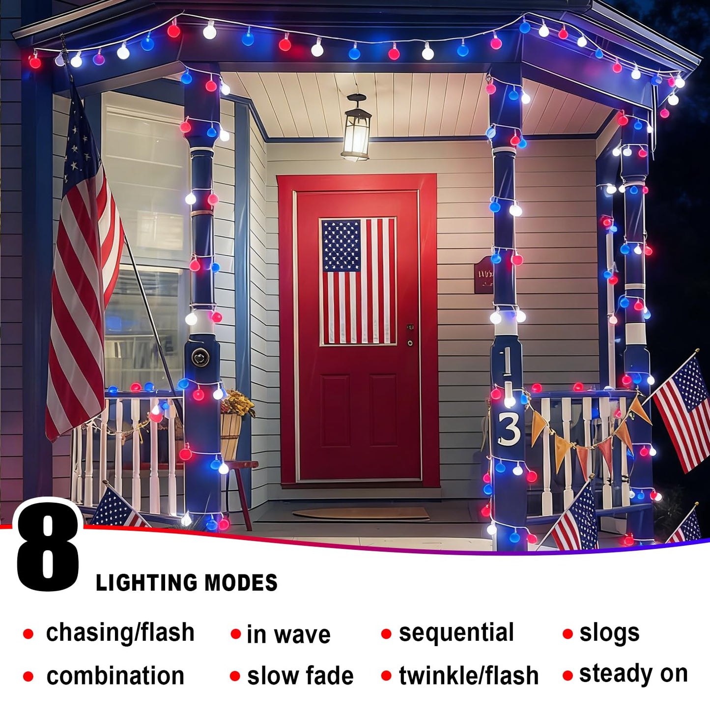 TWINGLEHOME 50 LED Patriotic Ball String Lights 16FT (5M) with Clear Wire, Waterproof Battery Box, Multifunctional Modes Lighting (Red, Cool White, Blue) for Nation Day