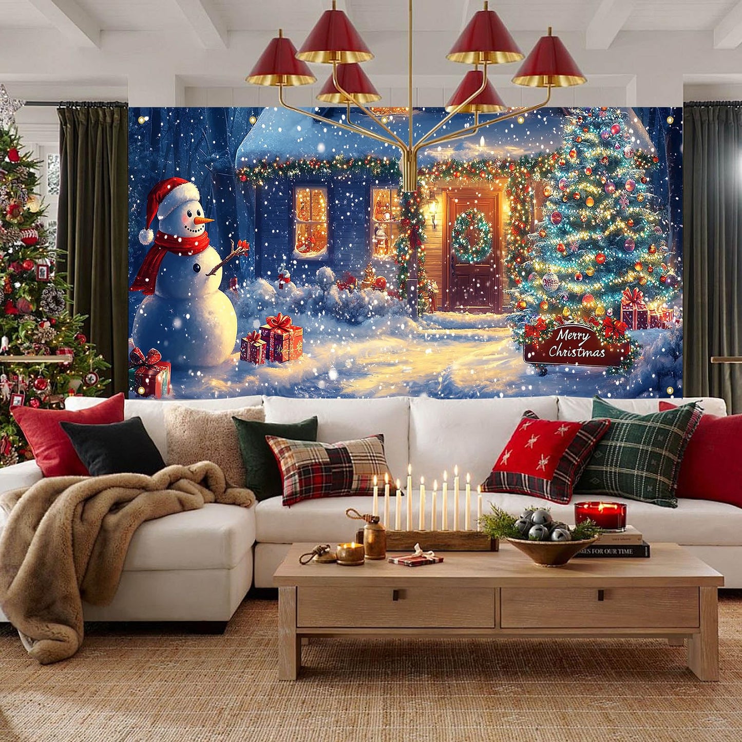 HOMETITUTE Christmas Door Banner 13x6ft Snowy Winter Scene Snowman Christmas Tree Gift Boxes Holiday Porch Decoration Seasonal Merry Christmas Front Door Cover Indoor Outdoor