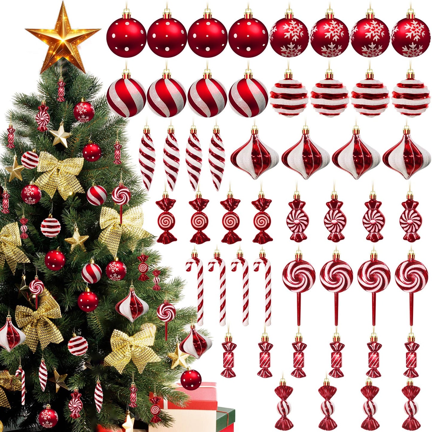 50PCS Christmas Ball Ornaments Candy Lollipop Set, Xmas Decoration Hanging Gloss Candy Canes Ball Pendants - Red Candy