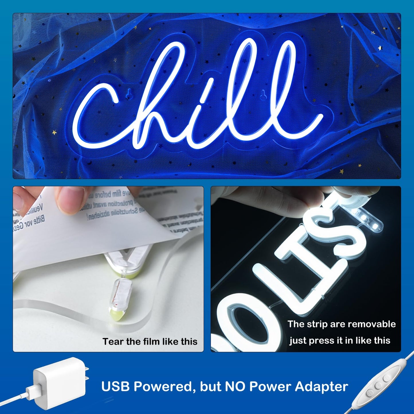 Wanxing Chill Neon Sign Blue Led Sign Chill Neon Wall Sign 14'' x 7'' Led Word Lights for Wall Decor Neon Light for Bedroom USB Powered Switch Light up Sign for Bar Hotel Game Room