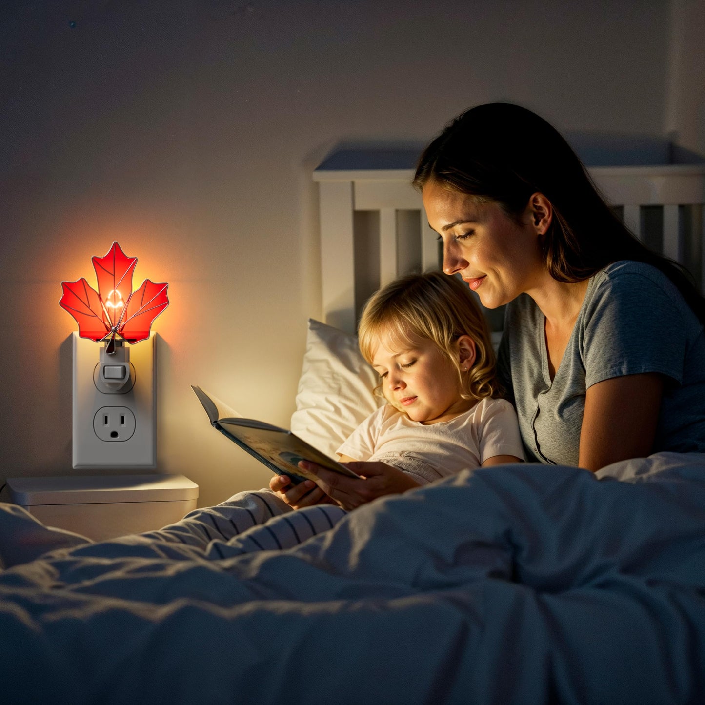 KUNDGLA Stained Glass Night Lights Plug into Wall Brown Maple Leaf Plug in Night Light 7W Warm White Lamp Decorative Accent Nightlight with On Off Switch for Adult Kids Room Home Gifts for Grandkids