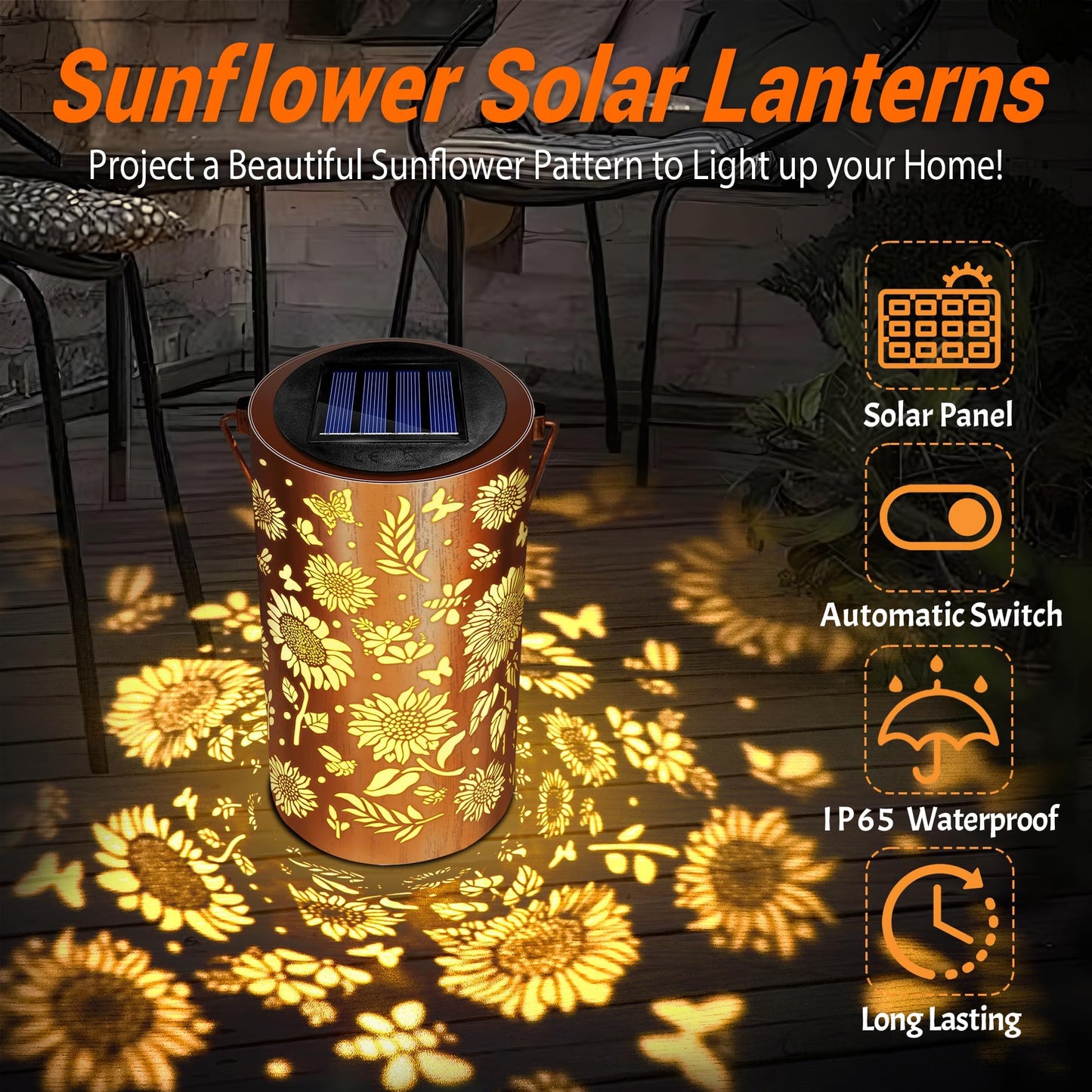 Sunflower Solar Lanterns Outdoor Waterproof, Metal Hanging Solar Garden Light, Decorative Sunflower Shadow Lanterns for Patio Porch Yard, Birthday Gifts for Women Mom Grandma
