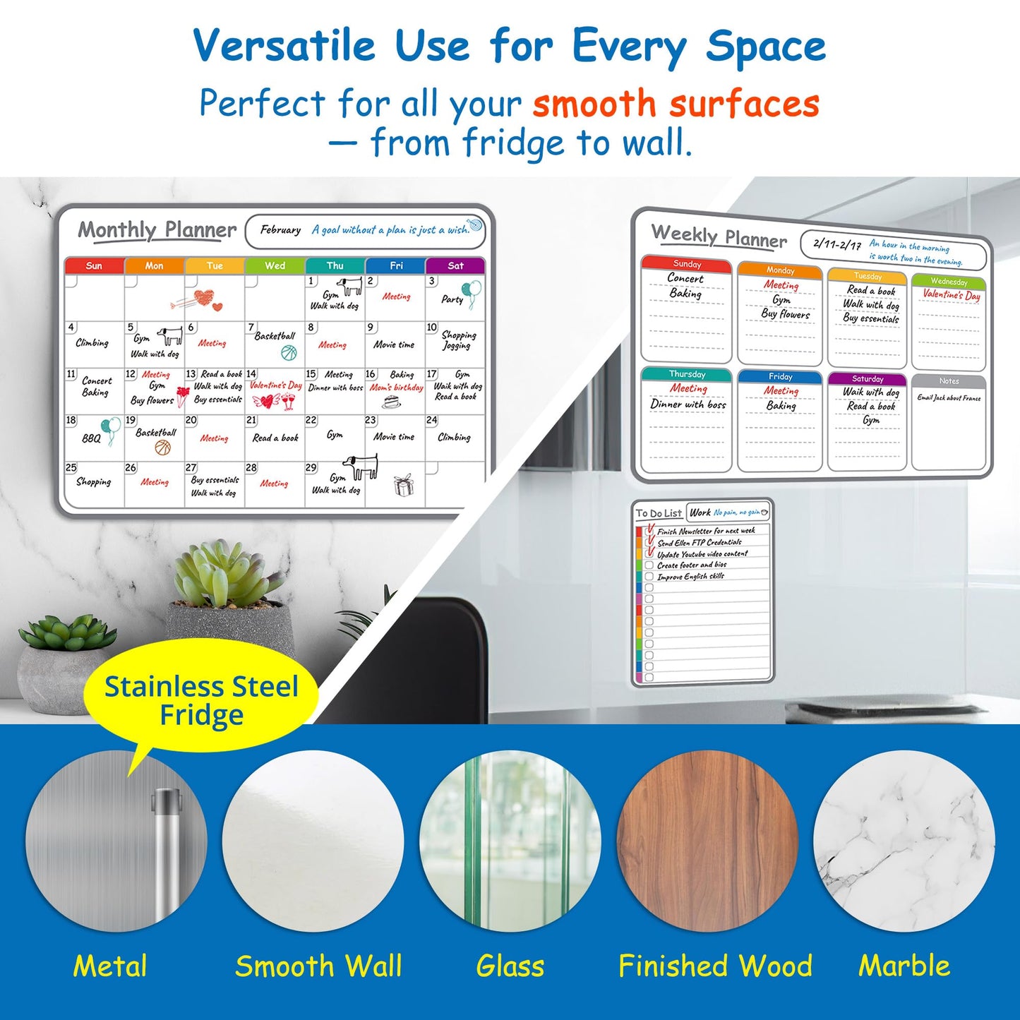 4-Pack Non-Magnetic Dry Erase Calendar Board Set – Monthly, Weekly, Daily, to-Do List Planner – Whiteboard for Stainless Steel Fridge, Wall, Glass, Door – Family, Office, Classroom Organizer