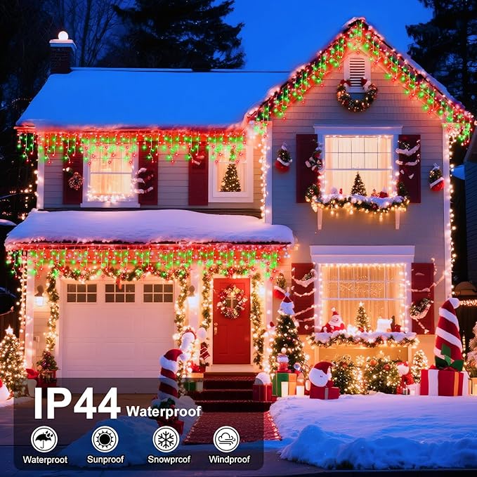 XURISEN 132ft Christmas Lights Decorations Outdoor, 1280 LED 8 Modes Fairy Lights with 240 Drops,Plug in Waterproof Timer Memory Function for Christmas Holiday Wedding Party Decorations(Red+Green)