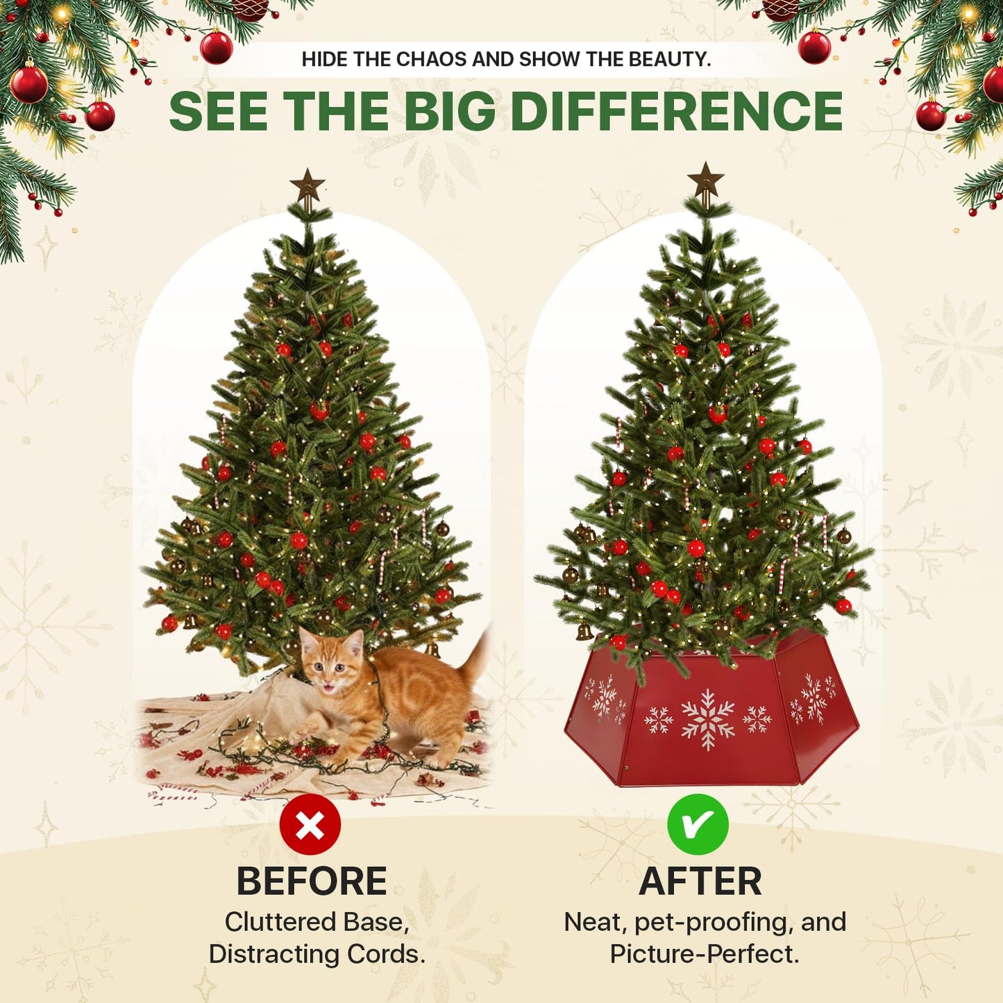 WKHOMEDECO 28" Christmas Tree Collar for Pencil Tree, Metal Tree Collar with Hollow-Out Snowflake Design, Pet-Proof Christmas Tree Collars for Artificial Trees, Secure & Reusable Holiday Decor (Red)