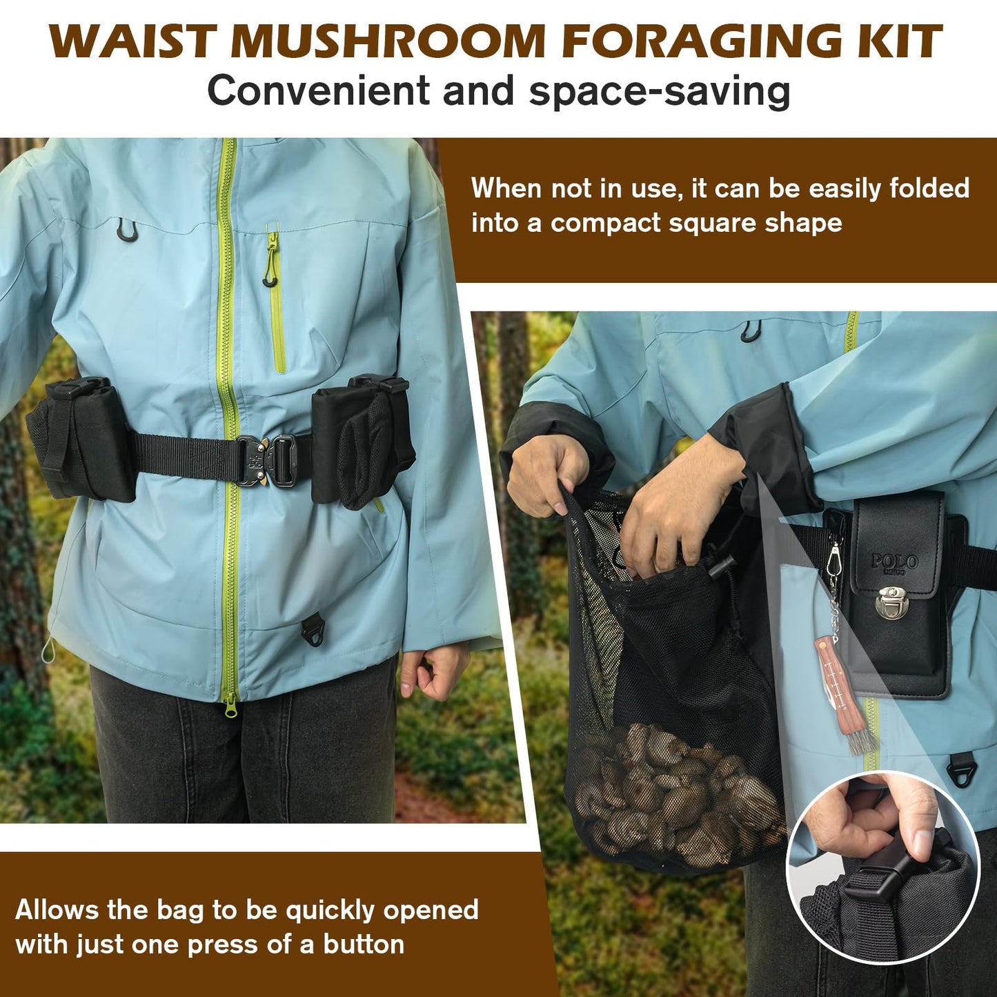 ProtectHobby Mushroom Foraging Bag Kit with Adjustable Waistband - 2 Folding Mesh Bags & Leather Tool Pouch, Suitable for Collecting Mushroom and Berry Pickers