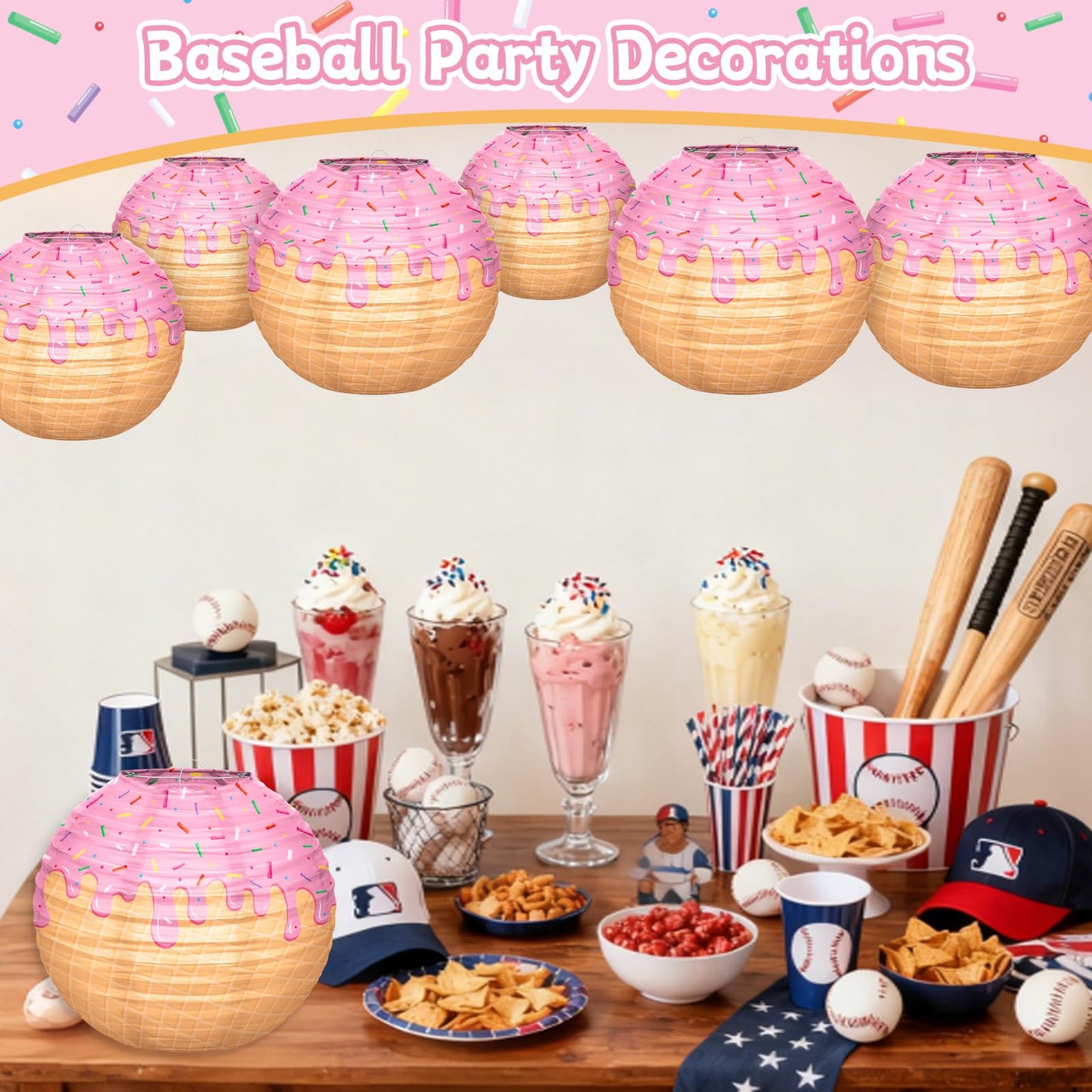 6pcs Ice Cream Baseball Drip Paper Lanterns, 8 Inch Round Hanging Party Decorations for Baseball Theme Party Birthday Christmas Backyard Porch Room Indoor/Outdoor Home Holiday Supplies