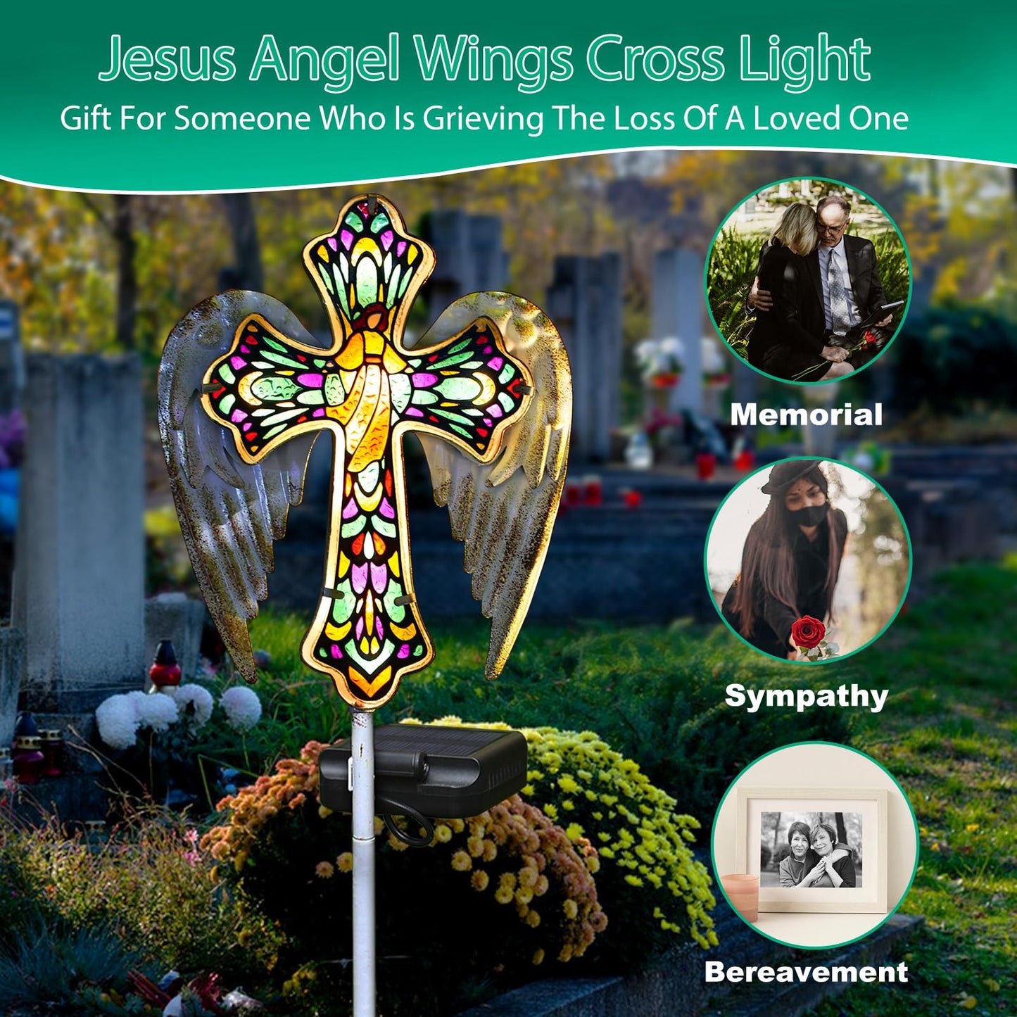 YJFWAL Solar Glass Cross Garden Stake Light, Cemetery Decorations for Grave Outdoor Lights, Easter Jesus Cross Angel Wings Sympathy Memorial Day Decor, for Garden Lawn Yard Patio