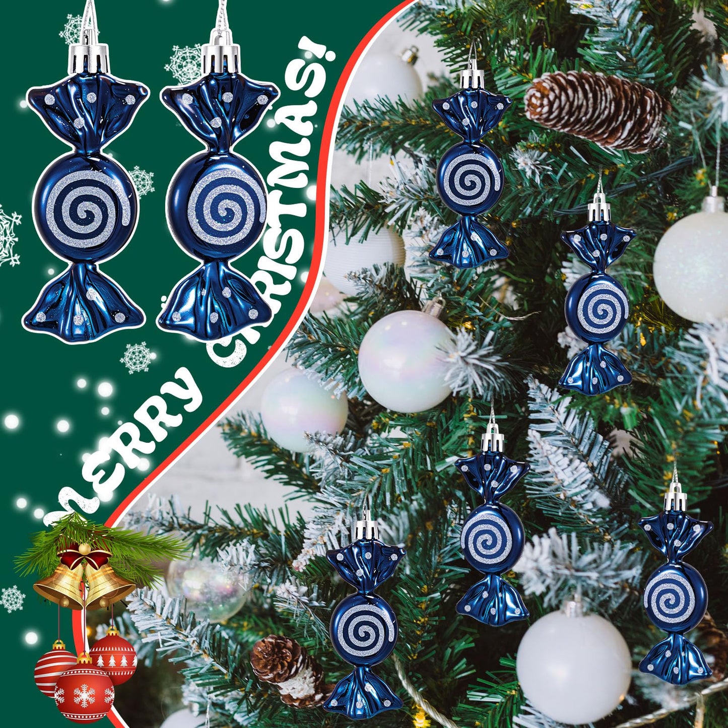 Threan 12 Pcs Christmas Candy Ornaments for Tree Decoration Hanging Glitter Candy Cane Christmas Peppermint Ornament with Golden Rope for Xmas Holiday Decoration(Dark Blue,Plastic)