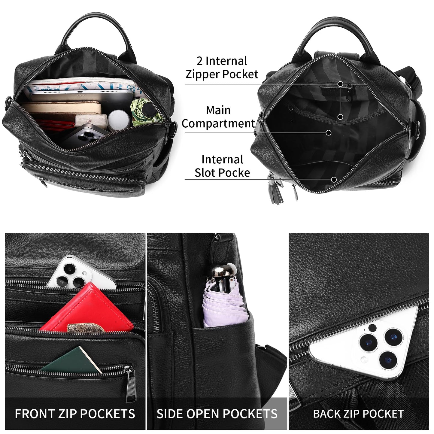 Wesccimo Genuine Leather Backpack Purse For Women Black Real Soft Leather Fashion Designer Convertible Ladies Shoulder Bag