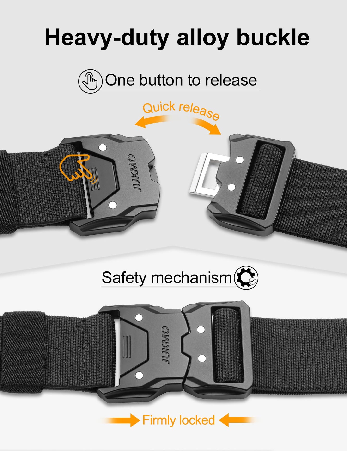 JUKMO Quick Release Tactical Belt, Military Work 1.5" Nylon Web Hiking Belt with Heavy Duty Seatbelt Buckle (Black, Small-for Waist 30"-36" (Length 45"))