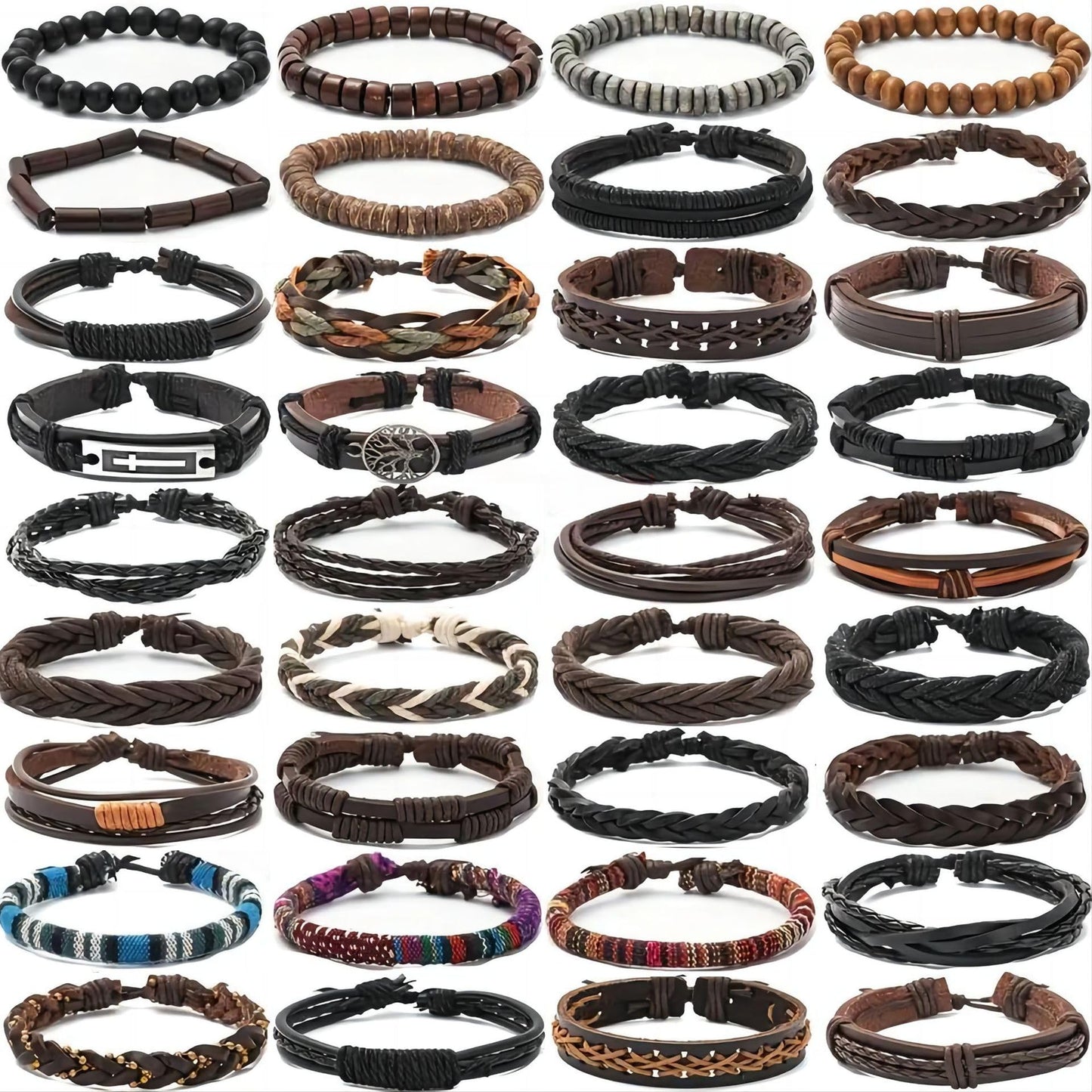 Amejew 36Pcs Braided Leather Bracelets for Men Women Wrap Wood Beads Cuff Bracelet Hemp Cords Ethnic Tribal Handmade Wrap Wristband Bracelets Set Adjustable(36Pcs)