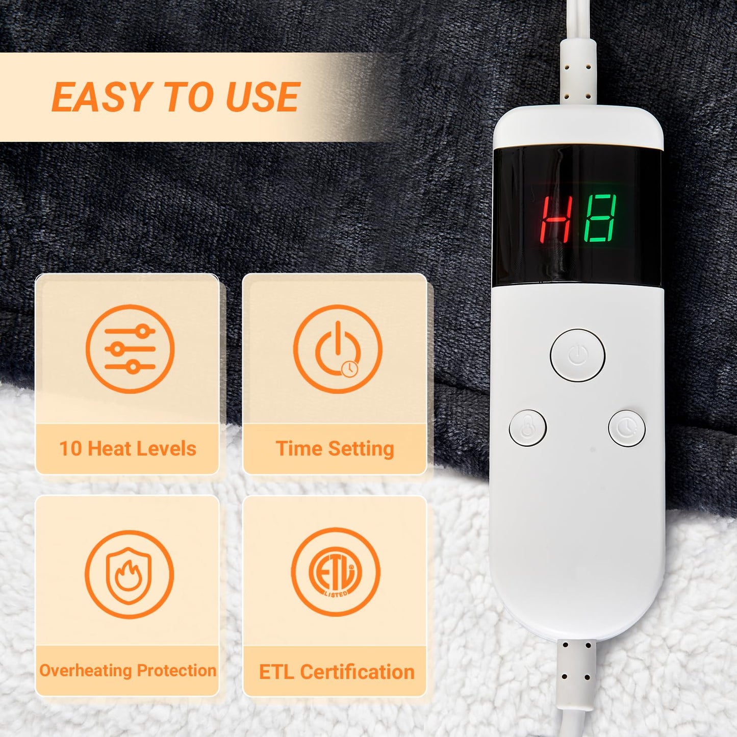 Electric Blanket Heated Throw, Soft Flannel Heating Blanket with 8 Hours Auto Off 10 Fast Heating Levels Machine Washable Sherpa Heated Blanket with Overheating Protection